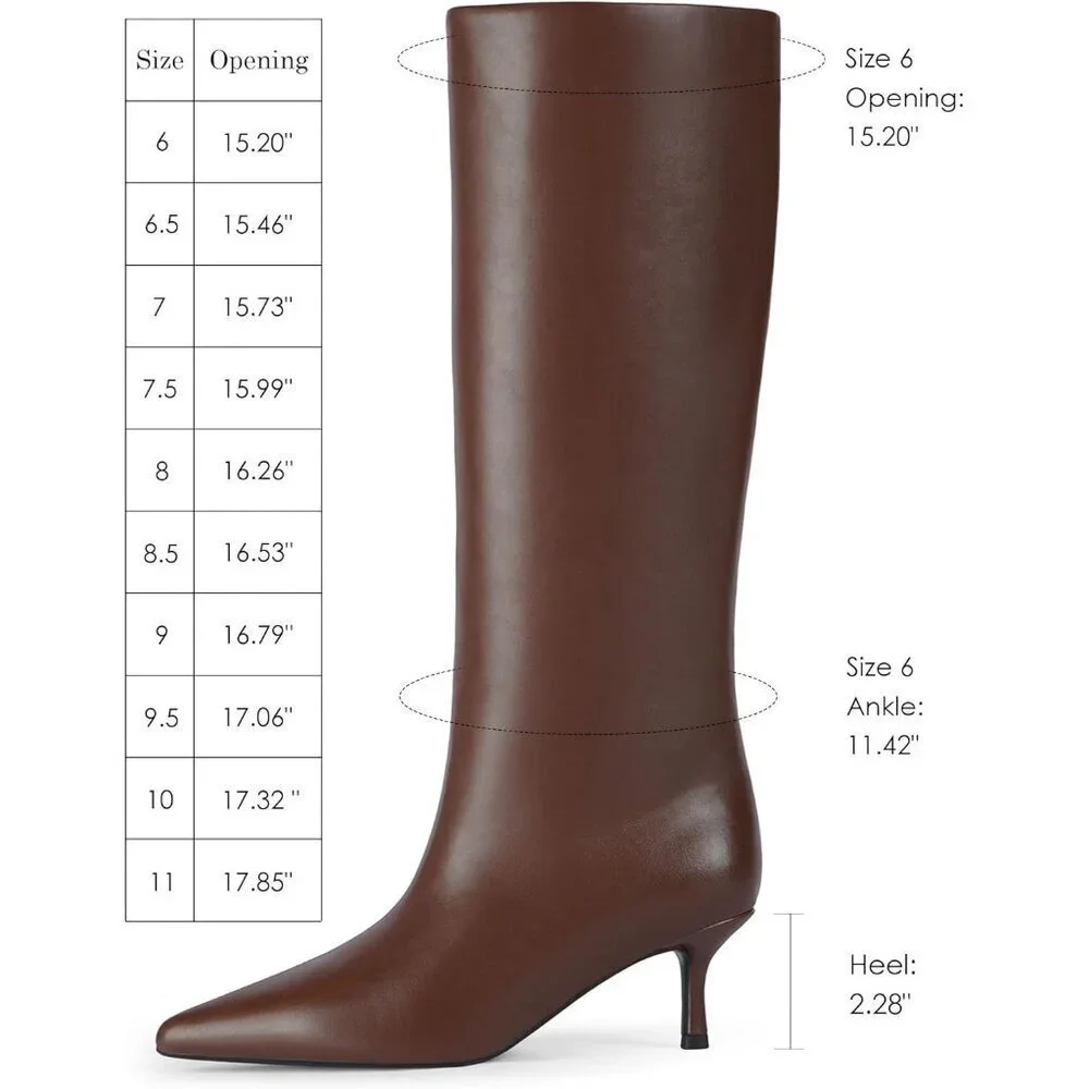 Women Brown Knee High Boots Kitten Heels Tall Pointed Toe Long Boots